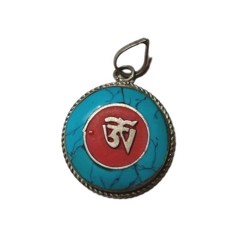 Vintage Tibetan Om Turquoise Coral Silver Pendant